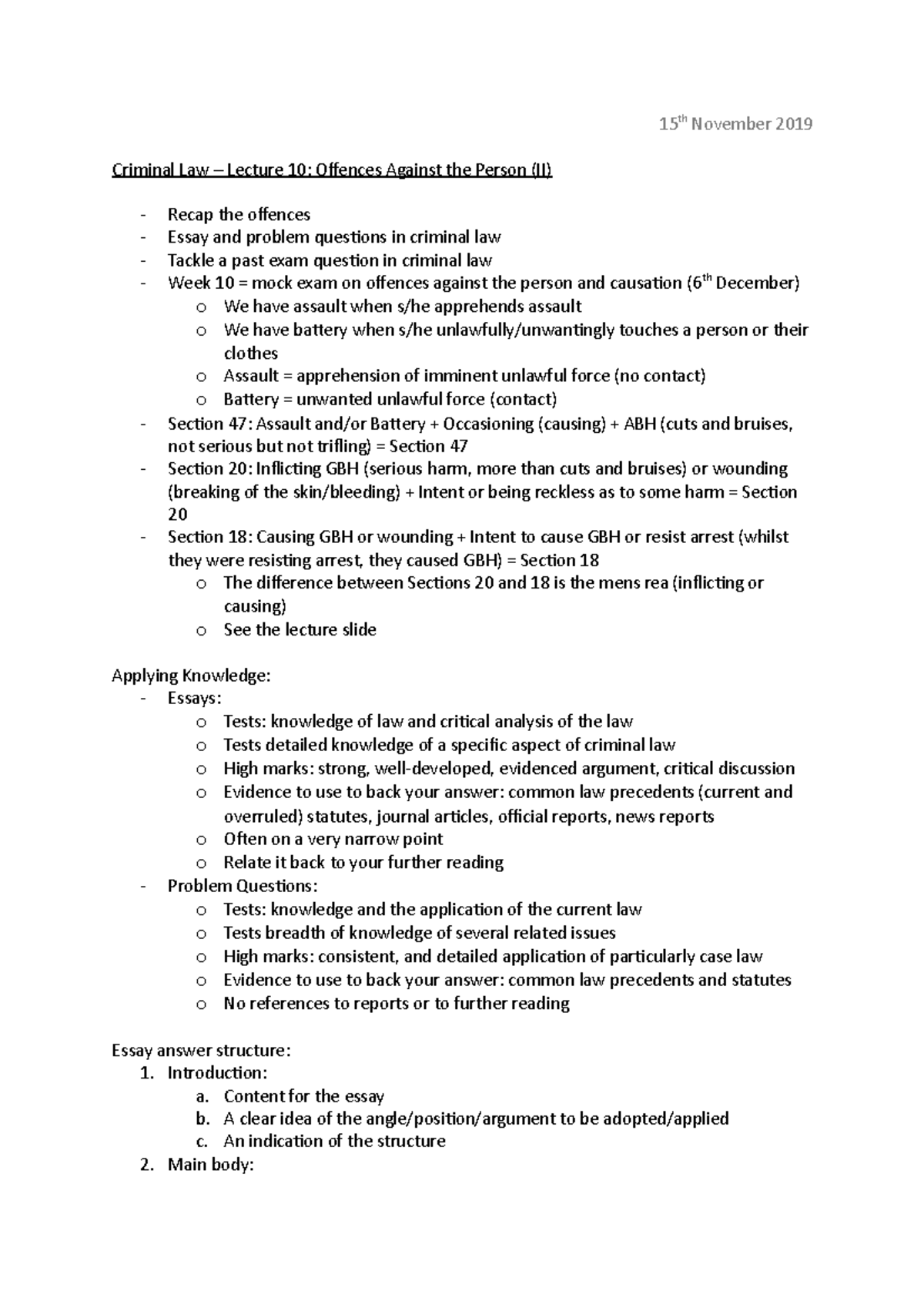 Criminal Law - Lecture 10 - 15 th November 2019 Criminal Law – Lecture ...