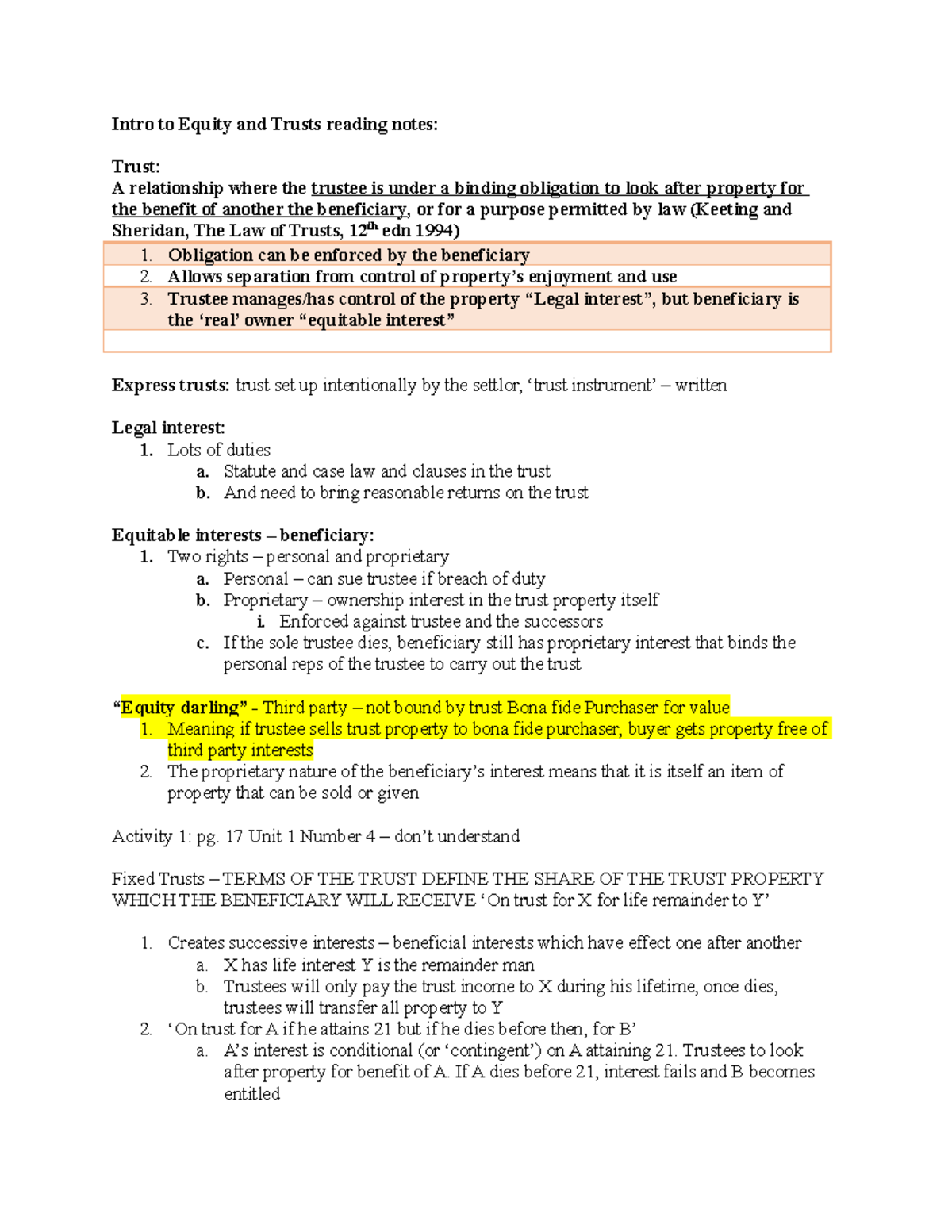 Unit 1 -Intro to Equity and Trusts Reading Notes - Intro to Equity and ...