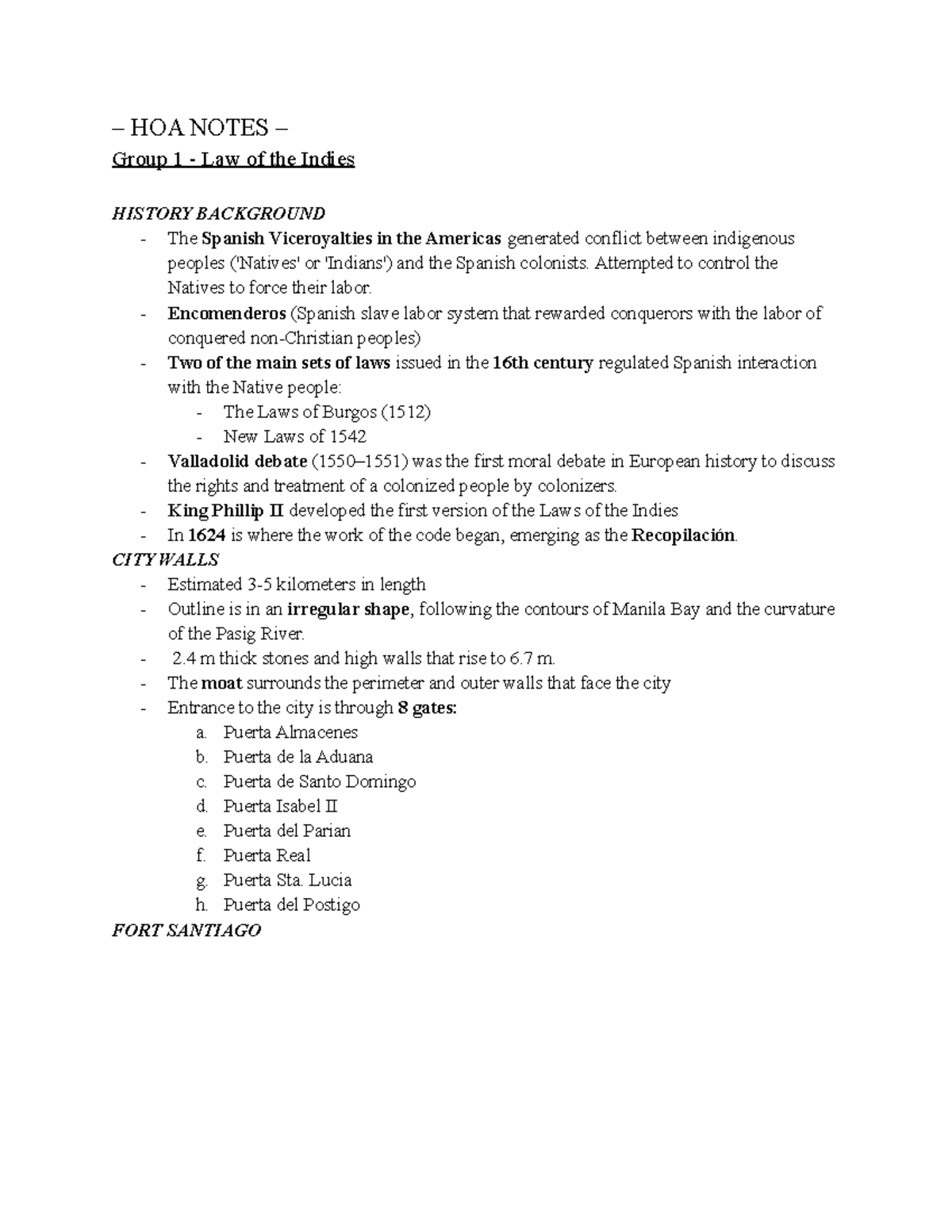 HOAMidtermNotes NOtes HOA NOTES Group 1 Law of the Indies