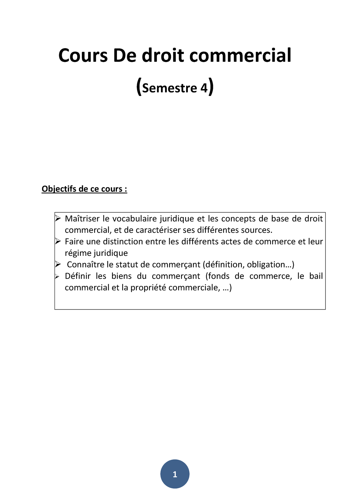 Cours De Droit Commercial Intro Cours De Droit Commercial Semestre Objectifs De Ce Cours