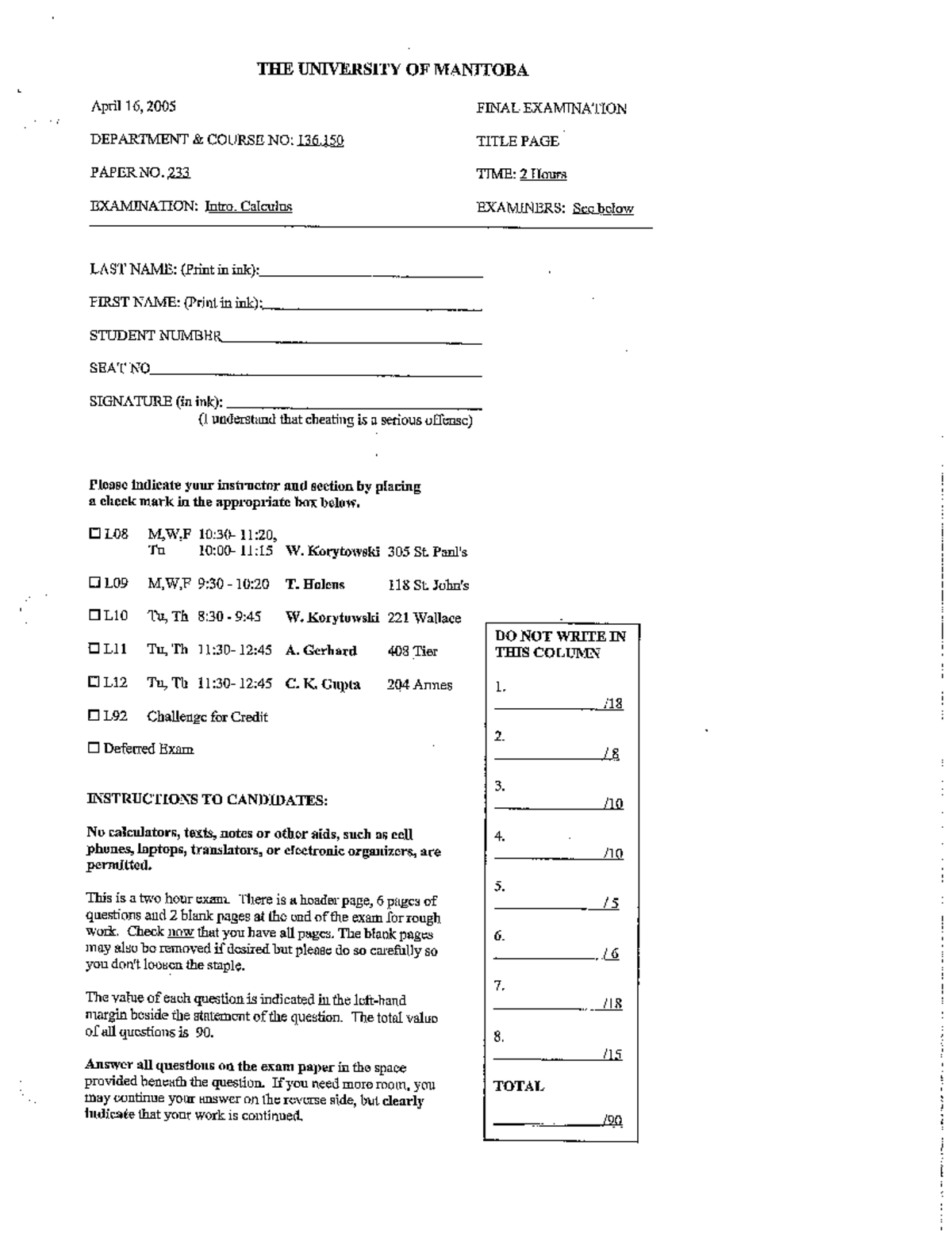 Exam 2005, questions - final, winter - MATH 1500 - Studocu