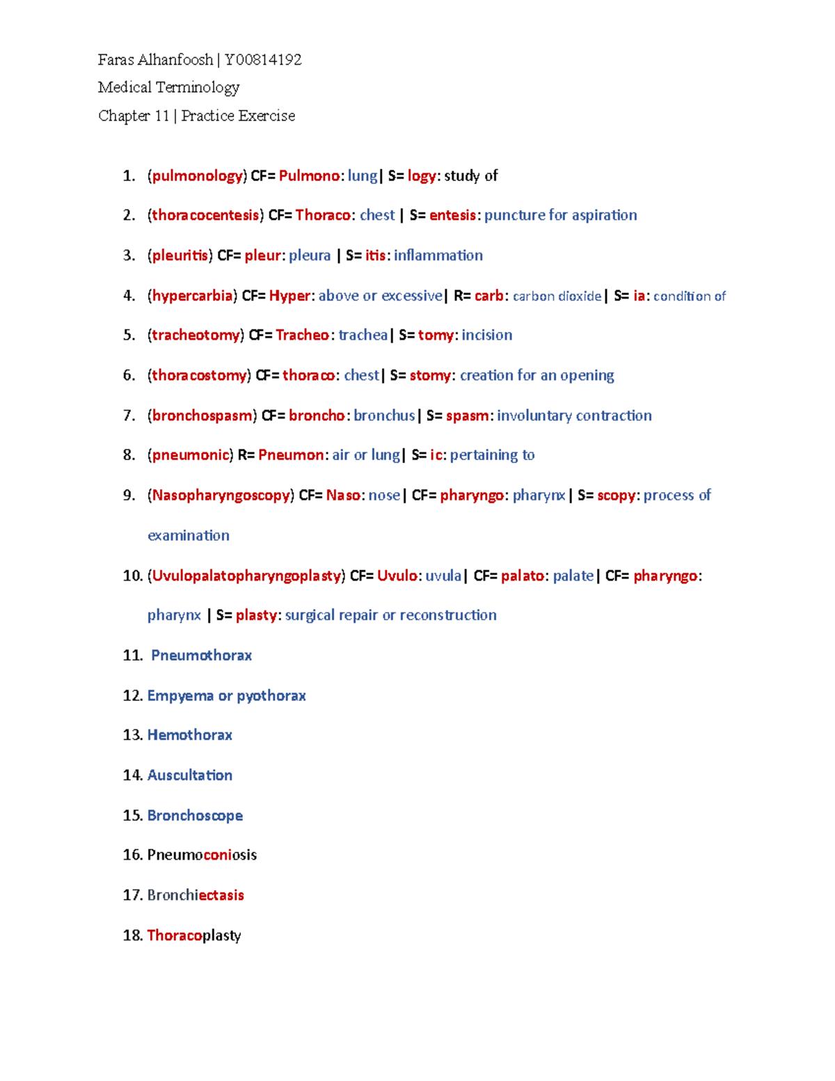 Chapter 10 Practice Exercise - Faras Alhanfoosh | Y Medical Terminology