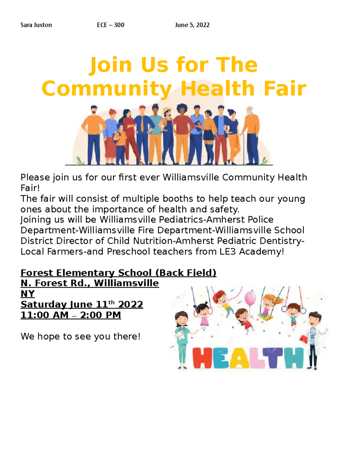 ECE 300 Health Fair Flyer - Sara Juston ECE – 300 June 5, 2022 Join Us ...