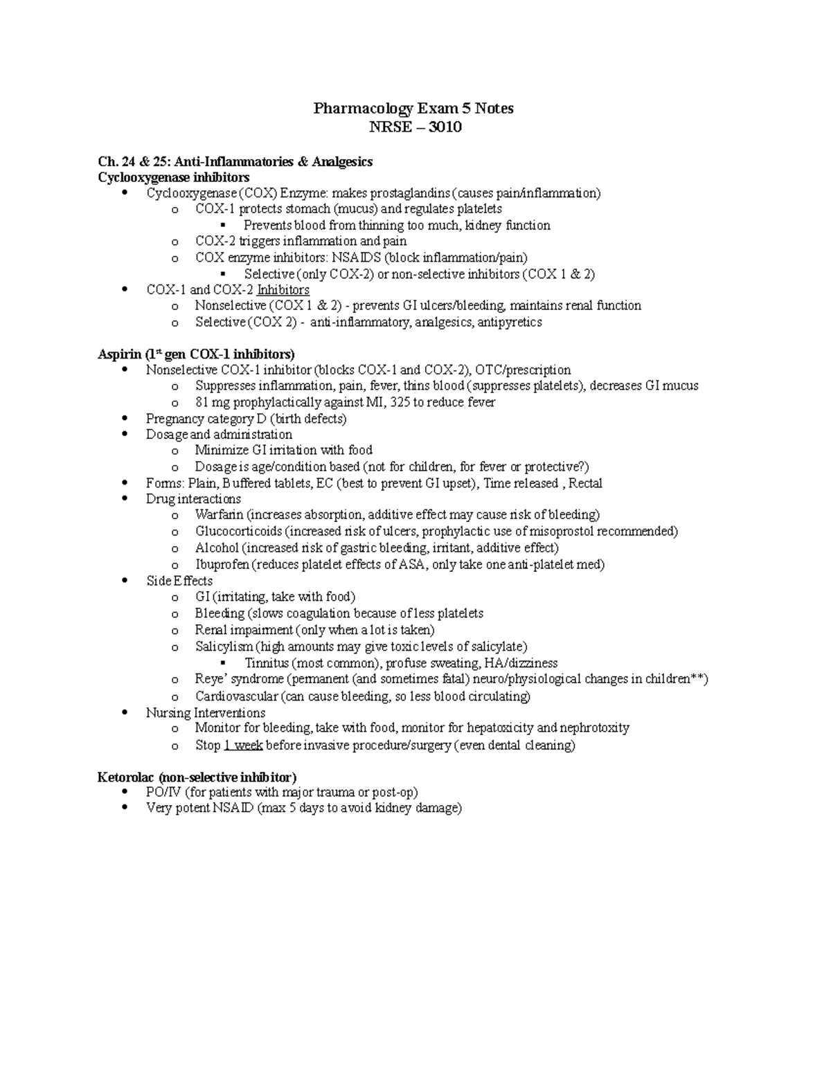 Pharm Exam 5 Notes - Pharmacology Exam 5 Notes NRSE – 3010 Ch. 24 & 25 ...