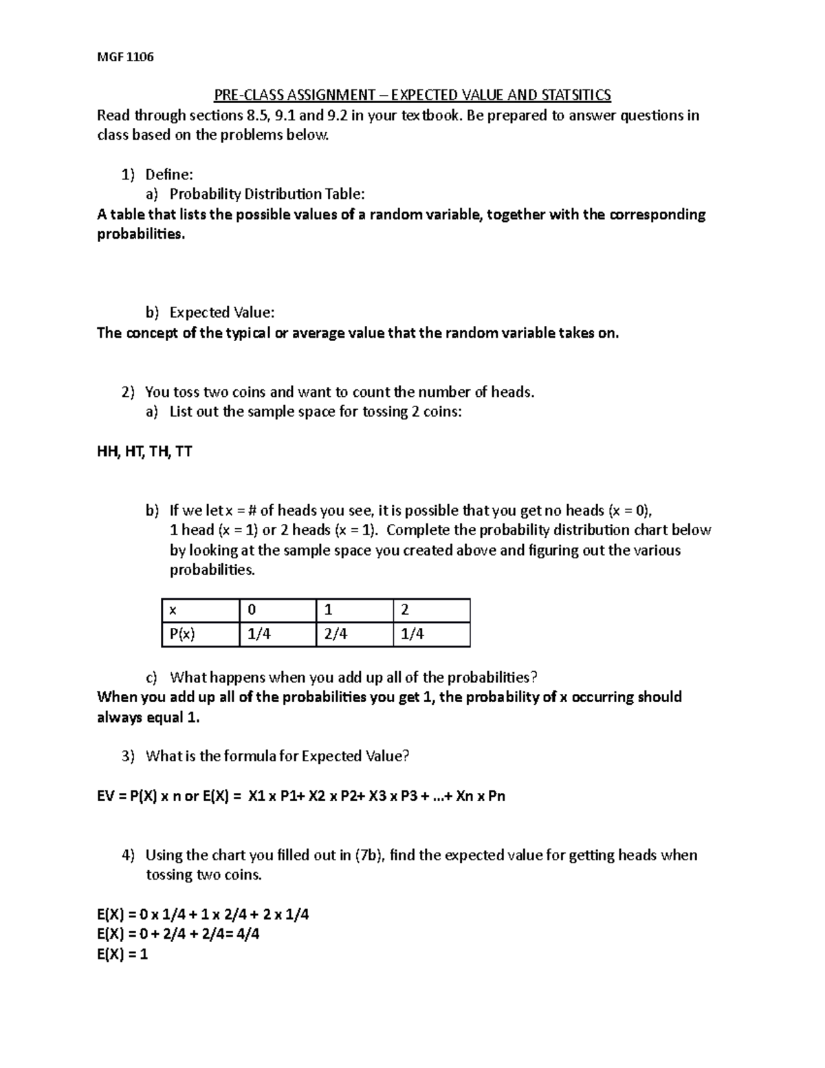 Pre-Class Week 9 (Expected Value & Intro to Statistics) - MGF 1106 PRE ...