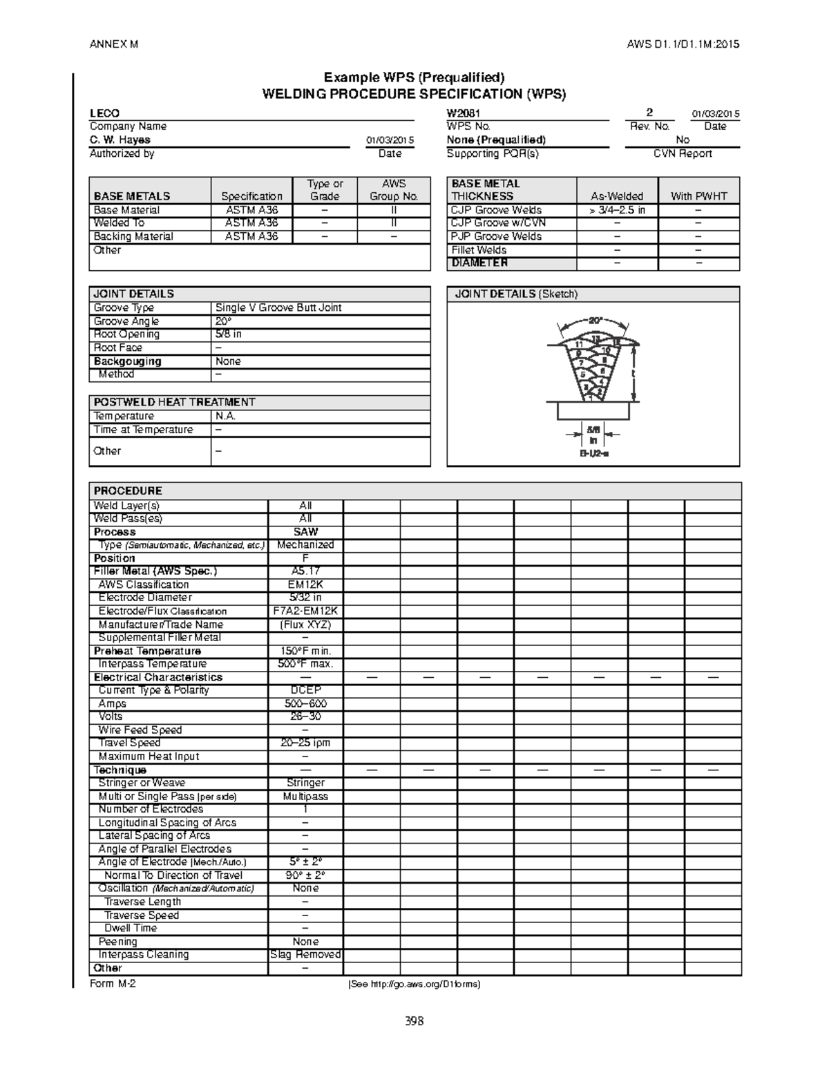 Example Welding Procedure Specification - Example WPS (Prequalified ...