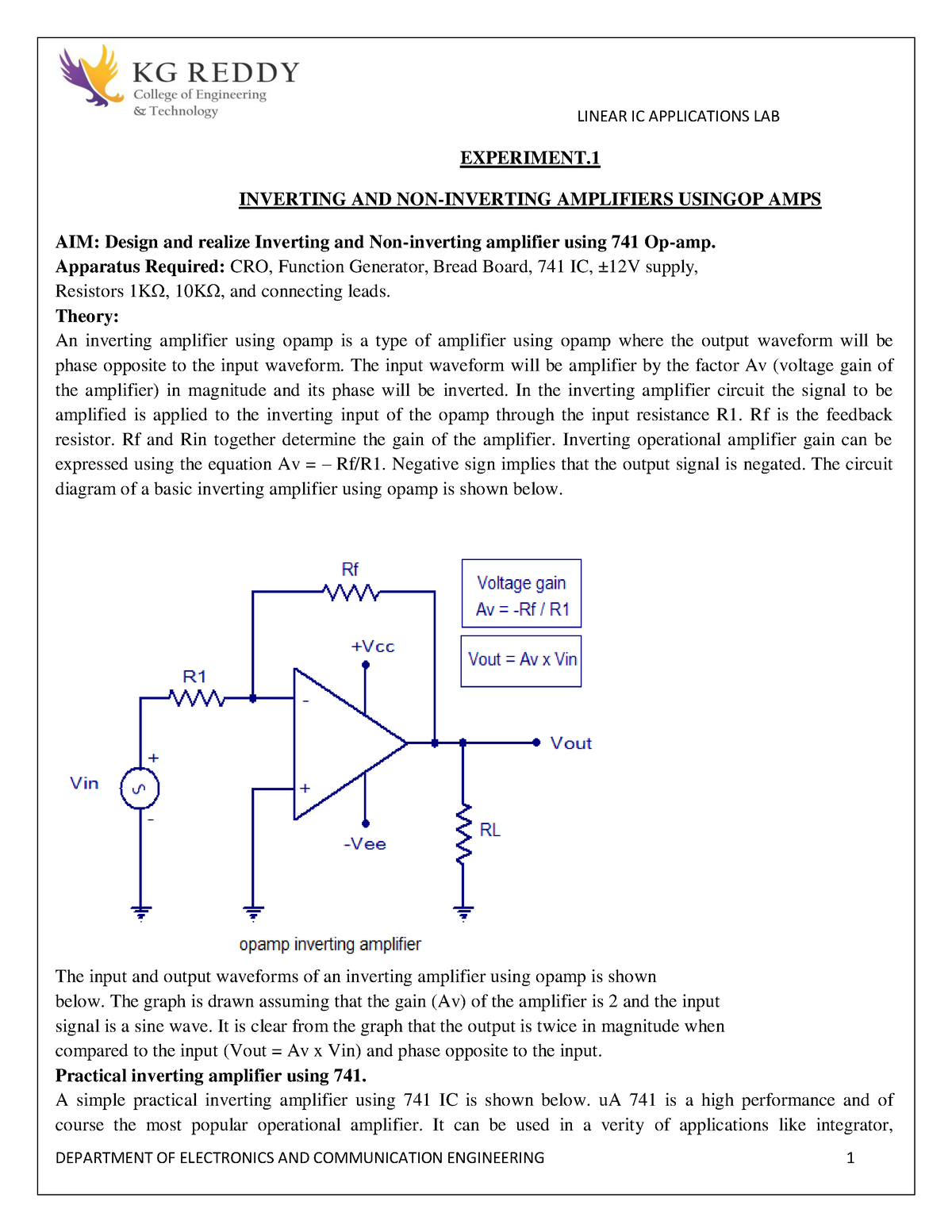 inverting and non inverting amplifier lab experiment