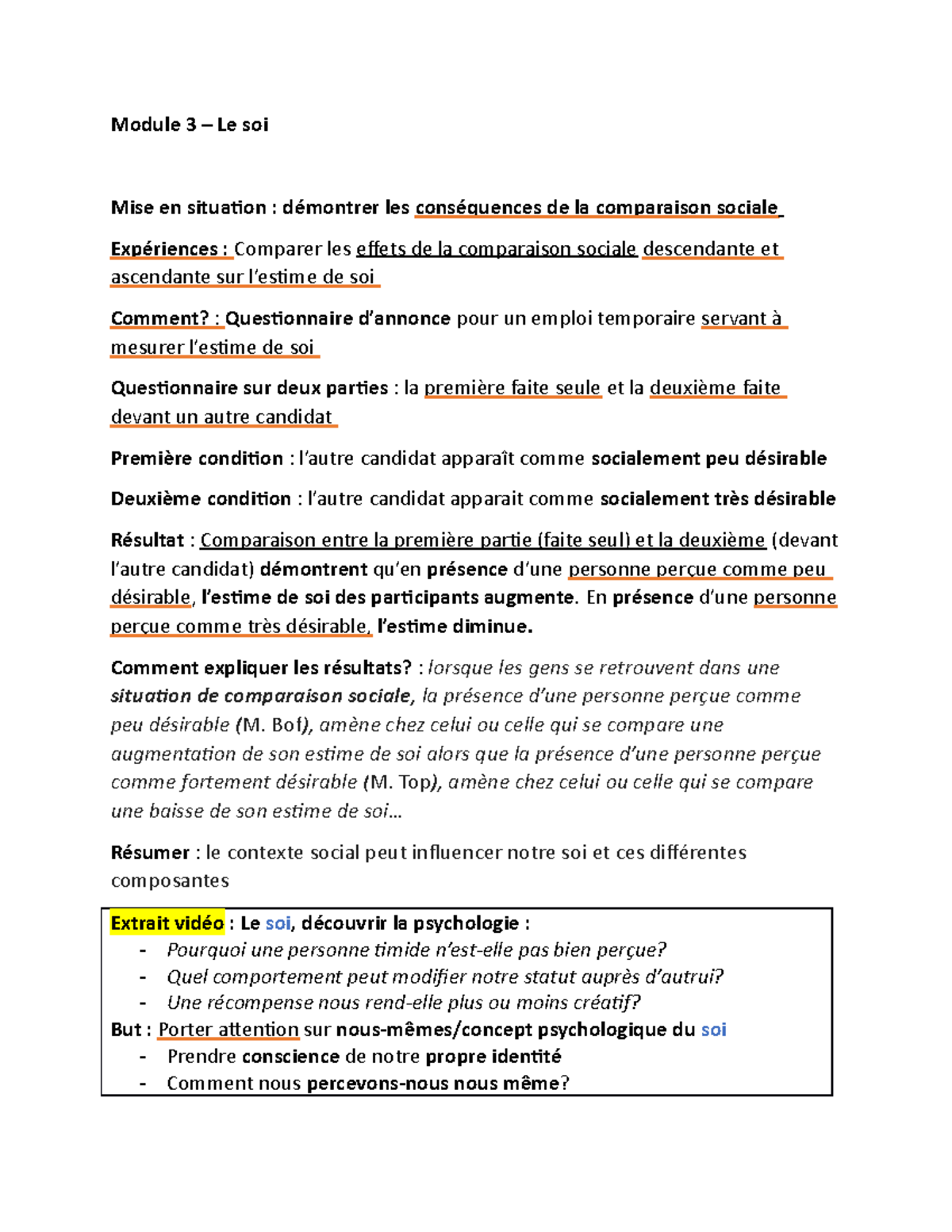 Module 3 - Note de cours revus et corrigé ! - Module 3 – Le soi Mise en ...