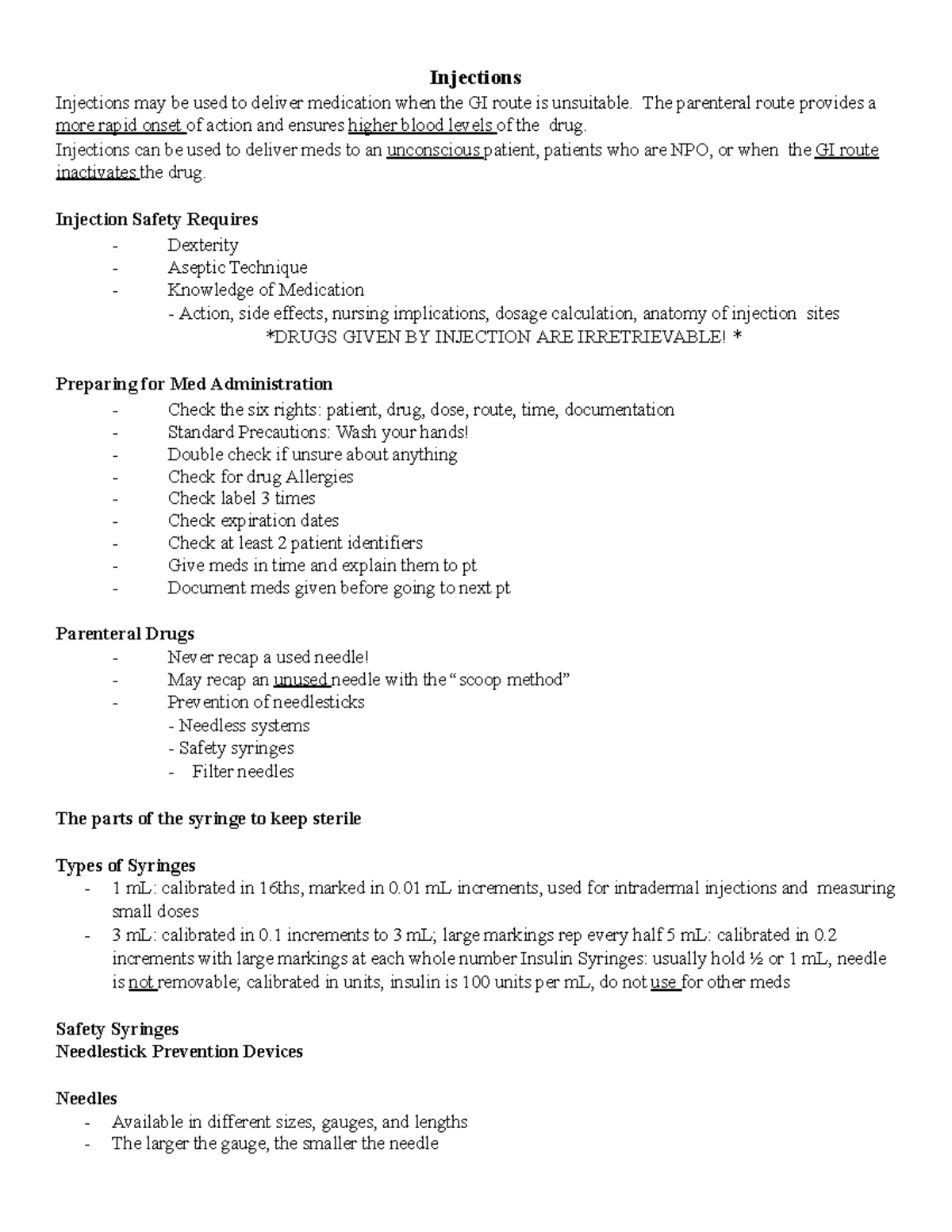 Injections Notes Unit 1 Injections Injections may be used to deliver medication when the GI