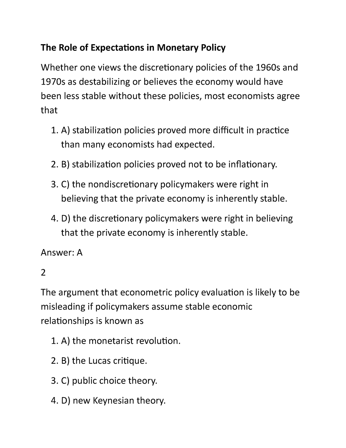 The Role Of Expectations In Monetary Policy A Stabilization Policies 