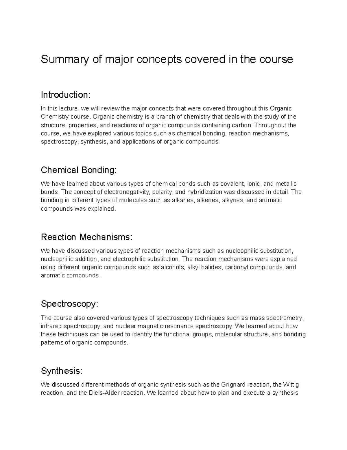 Organic Chemistry II (CHM-2020 ) Lecture 36 - Summary of major concepts ...