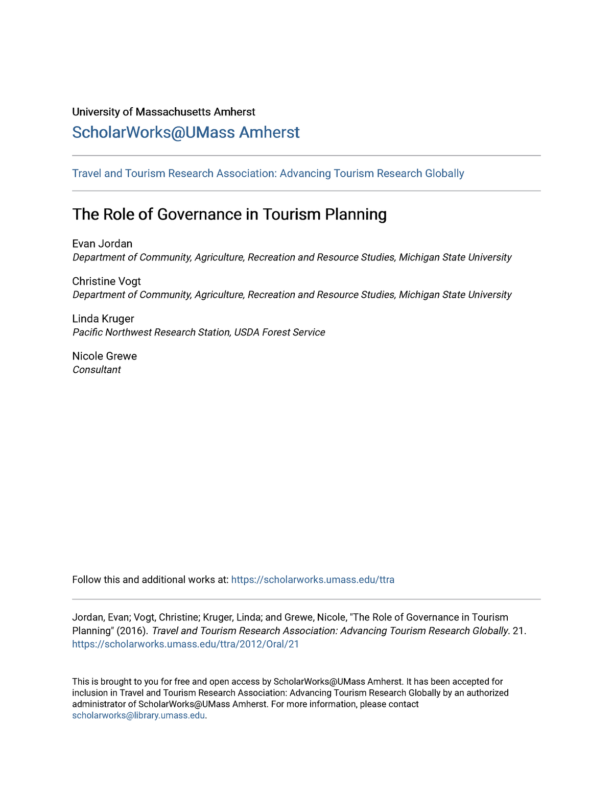 The Role of Governance in Tourism Planning - University of ...