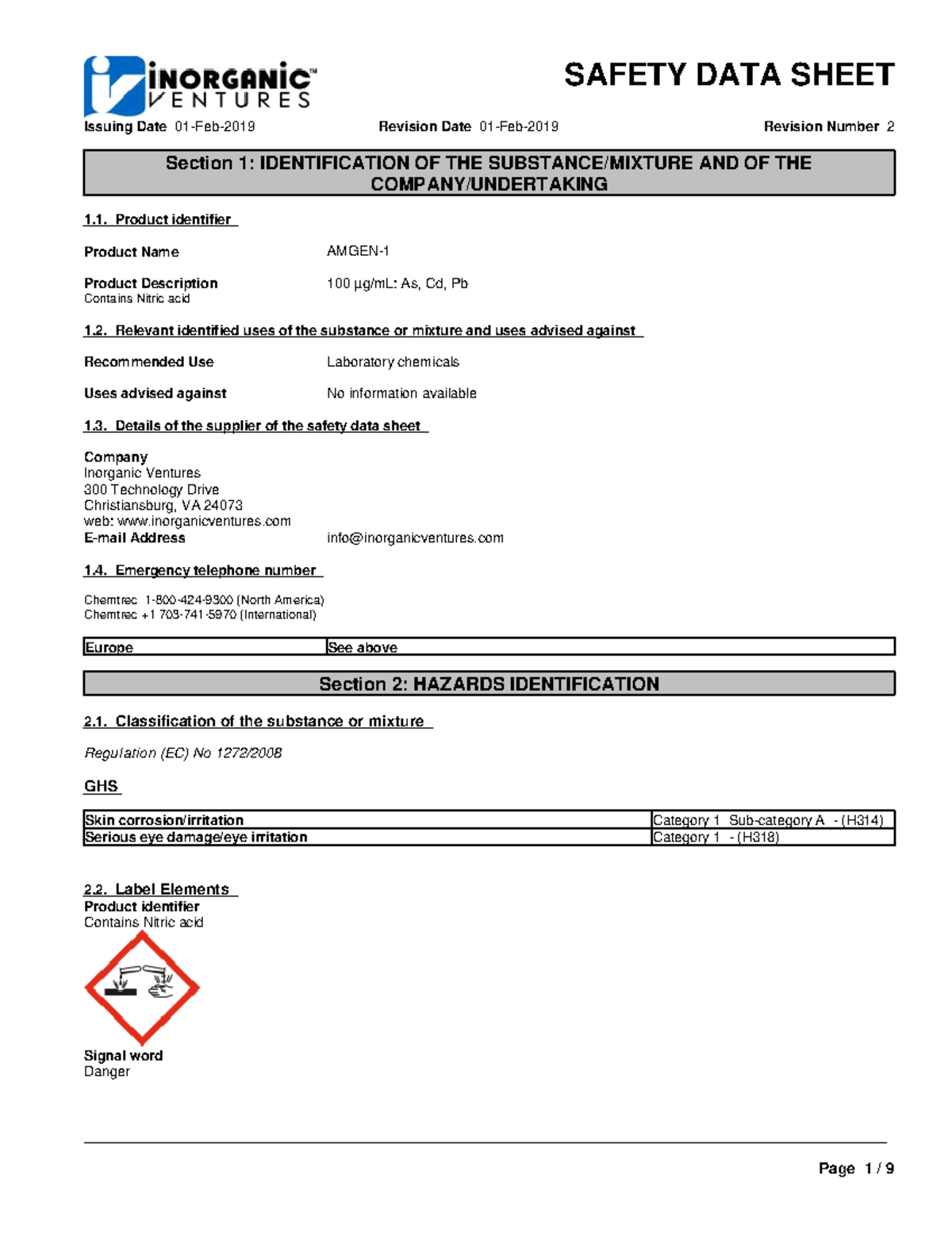 SDS Inorganic Ventures CAS No. 7697-37-2 2019 0201 CRM 1 Standard ...