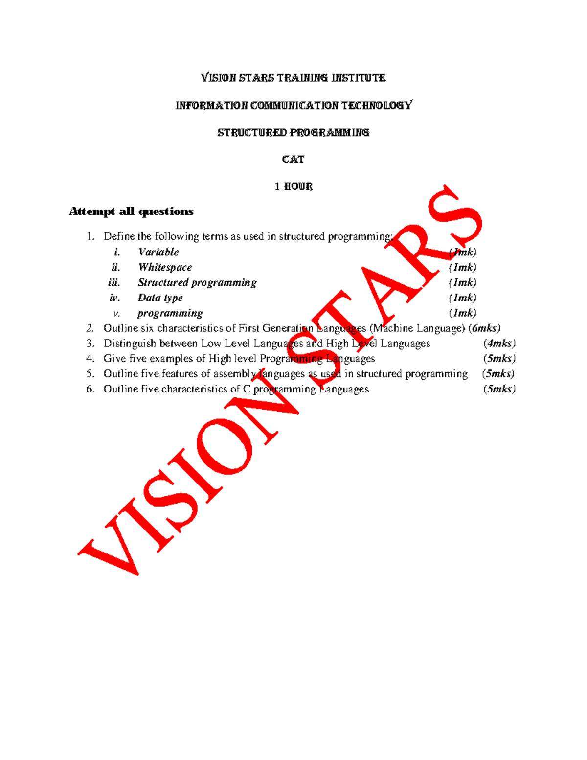 Structured Programming EXAM - VISION STARS TRAINING INSTITUTE ...