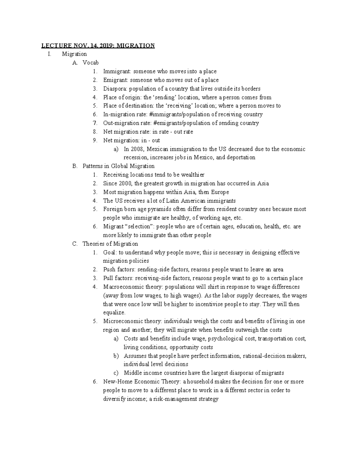 11 - Lecture notes - LECTURE NOV. 14, 2019: MIGRATION I. Migration A ...