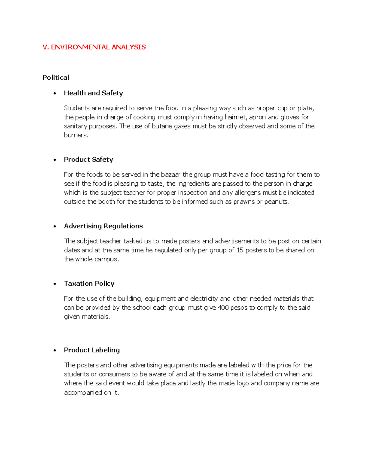 Political Analysis Business Proposal V ENVIRONMENTAL ANALYSIS 