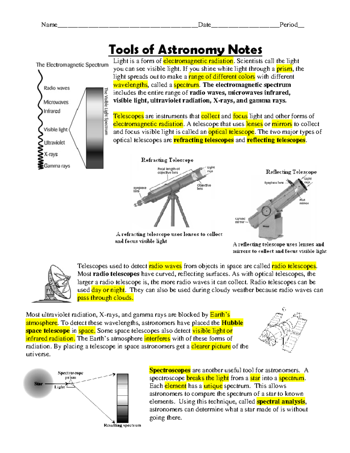 WS Parts of telescopes Reading and Questions Tools of Astronomy Notes Light is a form of