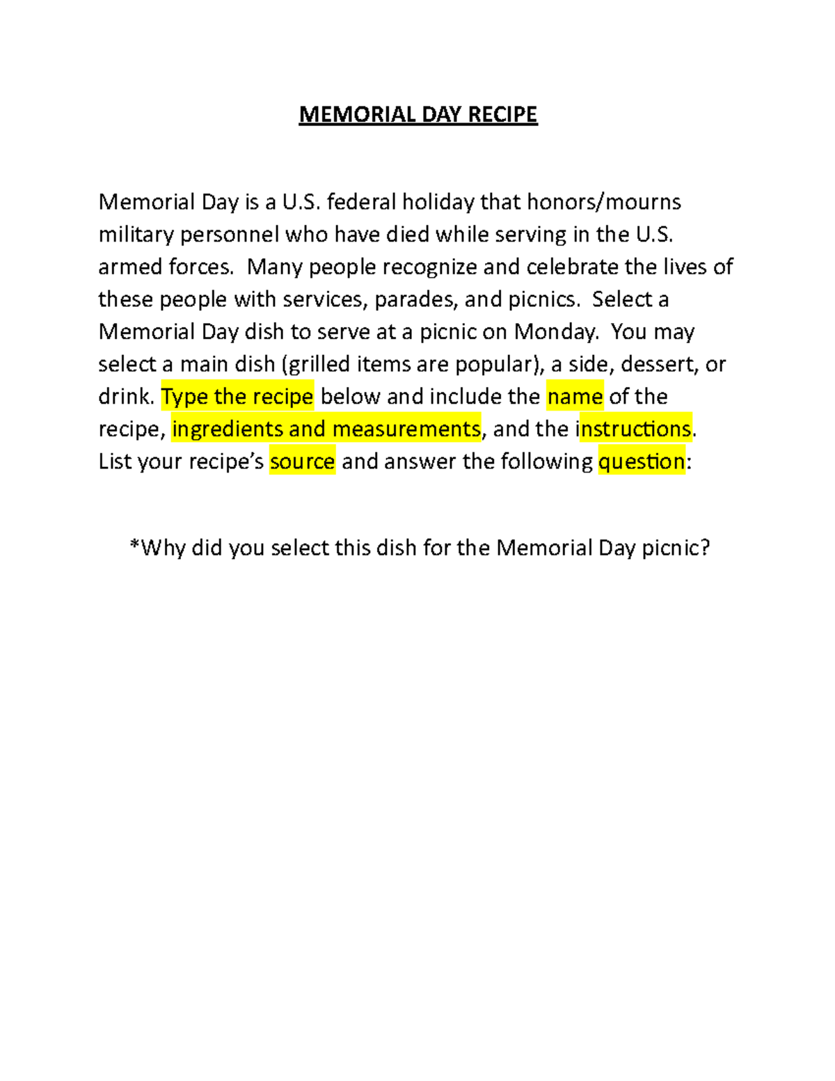 Memorial Day Recipe work MEMORIAL DAY RECIPE Memorial Day is a U