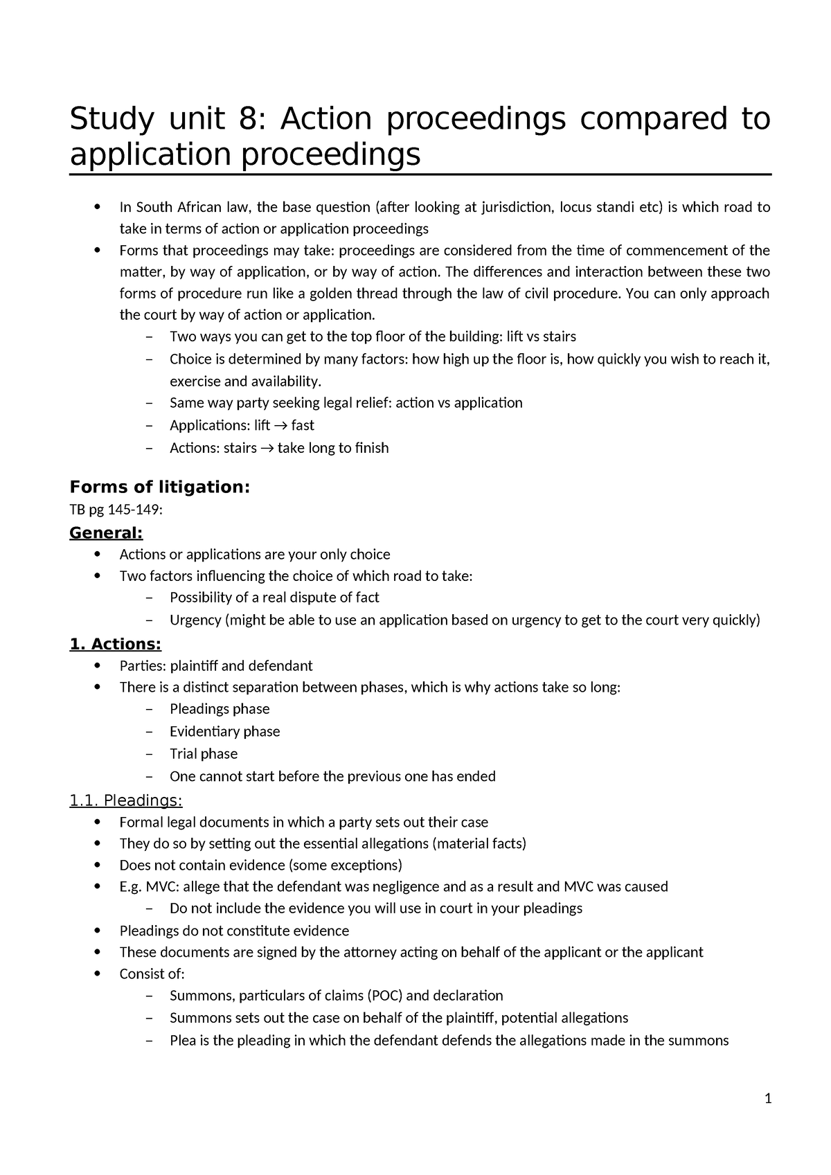 Civils Semester 2 - Study Unit 8: Action Proceedings Compared To ...