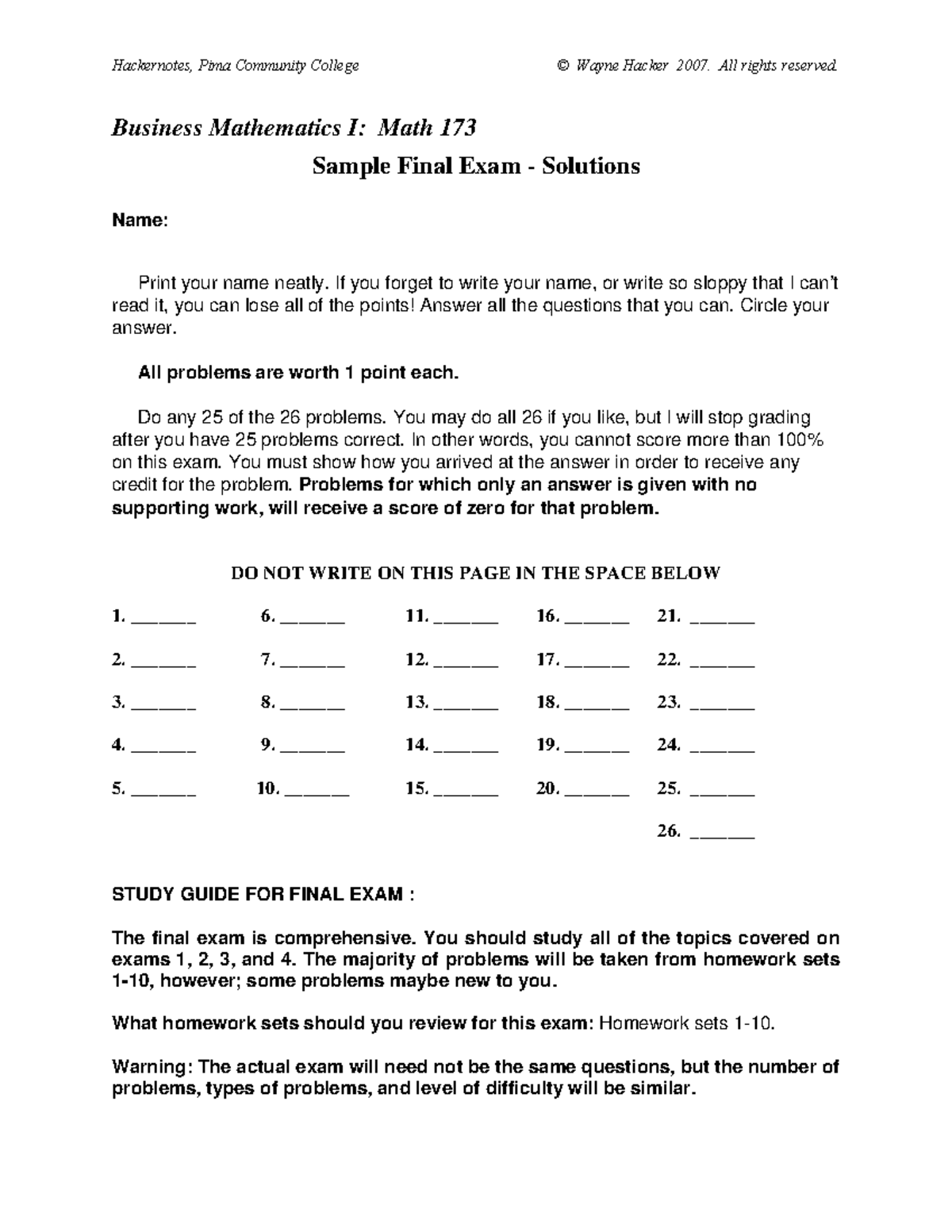 Business Mathematics I Math 173 Sample Final Exam - Solutions ...
