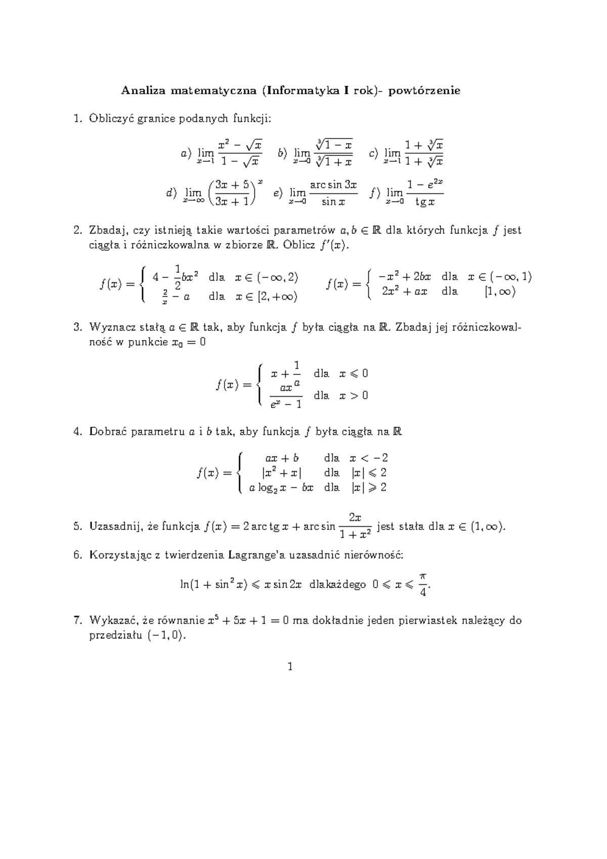 Analiza Matematyczna (Informatyka I Rok)- Powtórzenie - Obliczyć ...