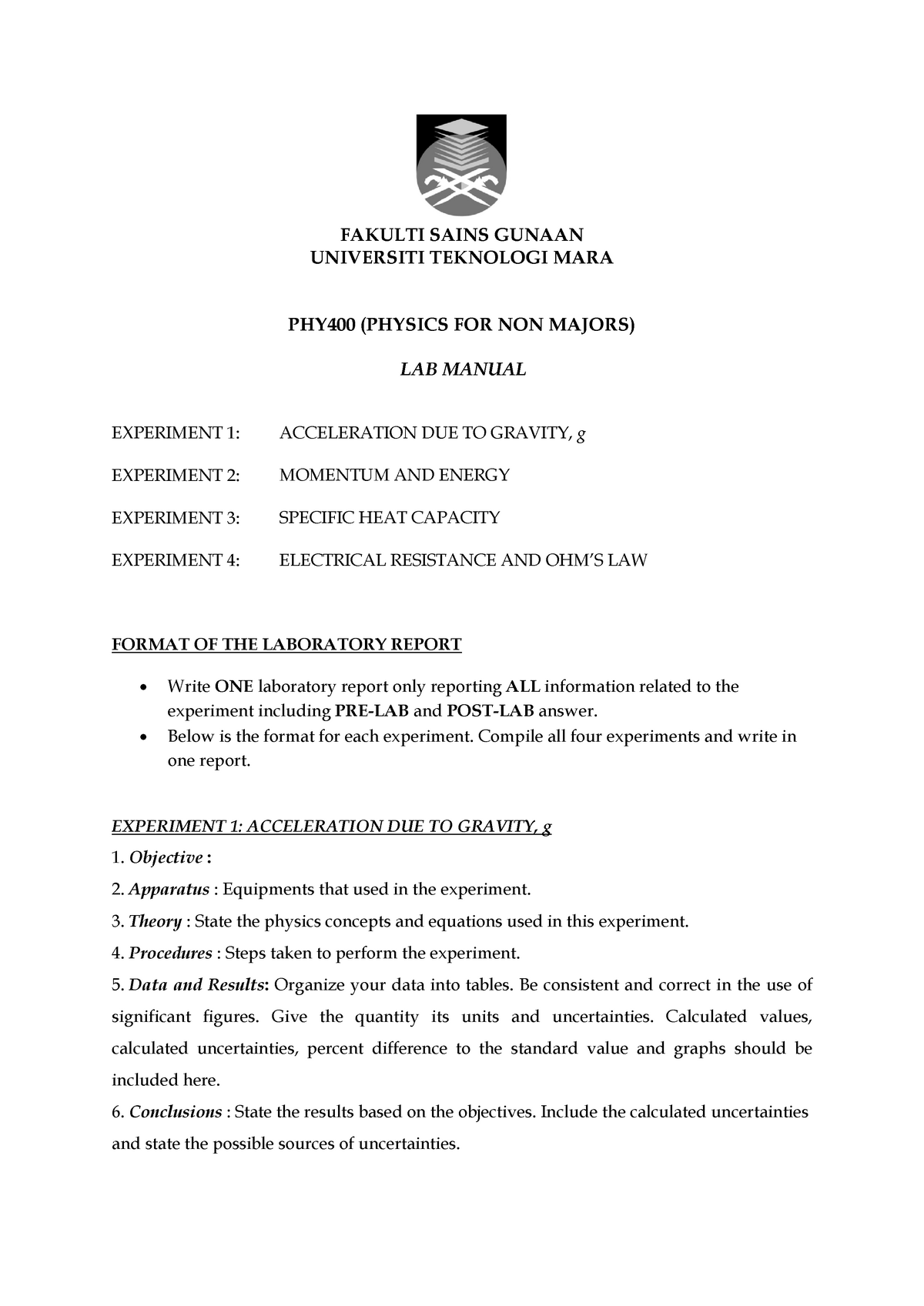 lab manual of experiment - EXPERIMENT 1: EXPERIMENT 2: EXPERIMENT 3 ...