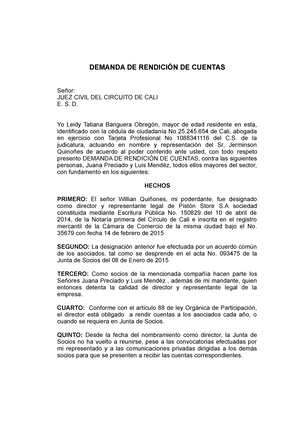 Rendicion DE Cuentas - DEMANDA DE RENDICIÓN DE CUENTAS Señor: JUEZ CIVIL  DEL CIRCUITO DE CALI E. S. - Studocu