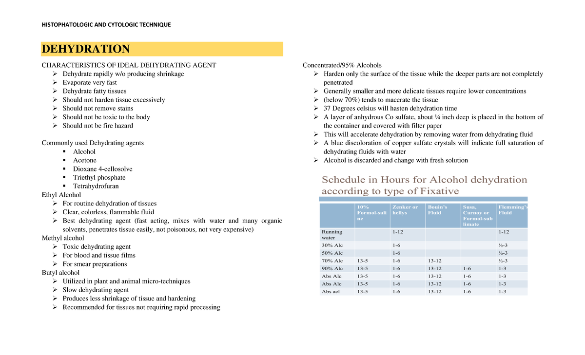 Finals histopath lec and lab notes DEHYDRATION CHARACTERISTICS OF
