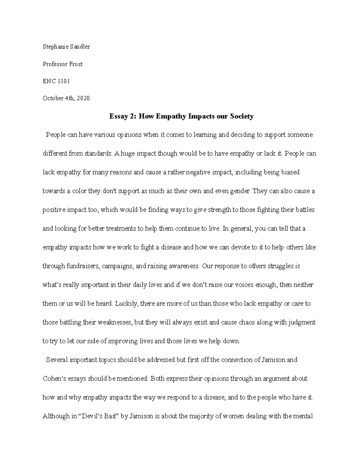 Essay 2 Draft - Grade: 10th - Stephanie Sandler Professor Frost ENC ...