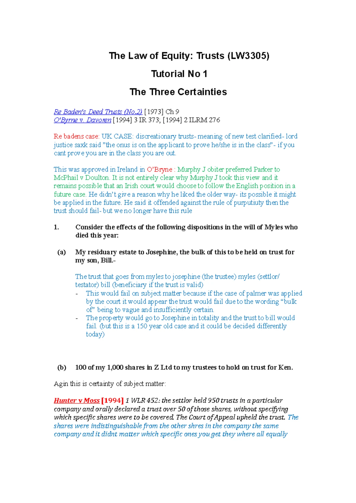 Equity tutorial notes - LW3305 LAW OF EQUITY: TRUSTS TUTORIAL NO 2 ...