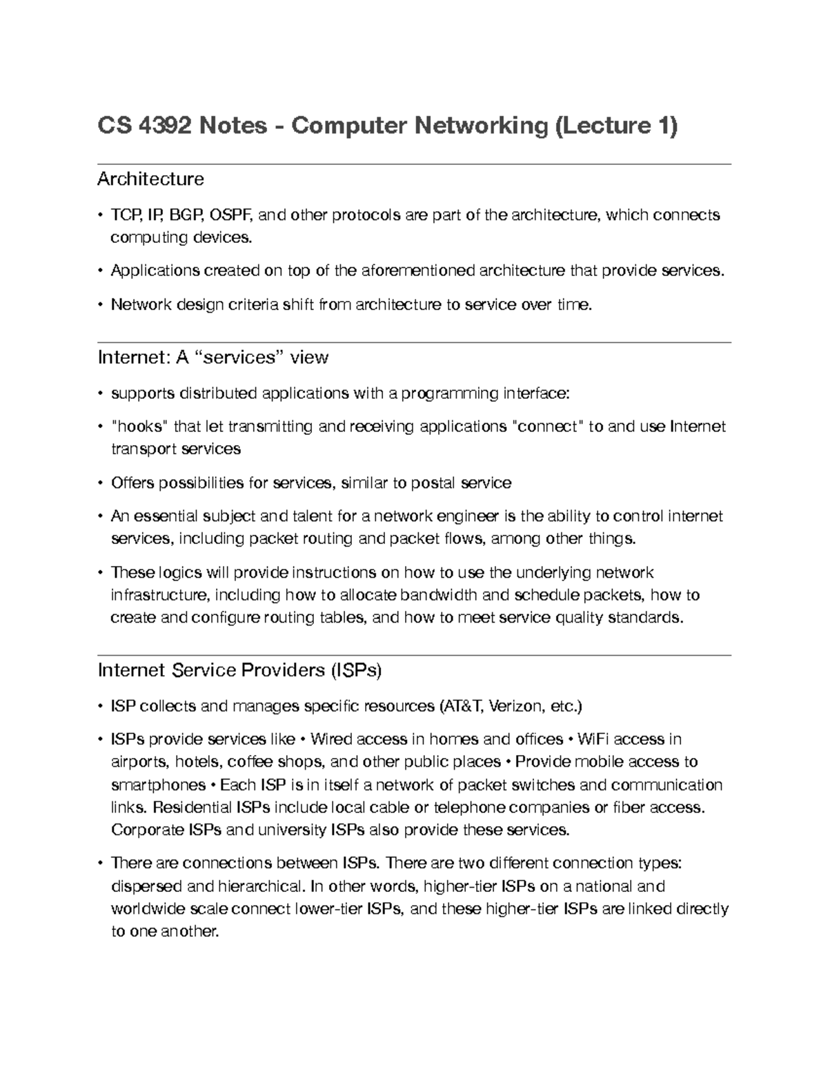 CS 4392 Class Notes - L1 - CS 4392 Notes - Computer Networking (Lecture ...