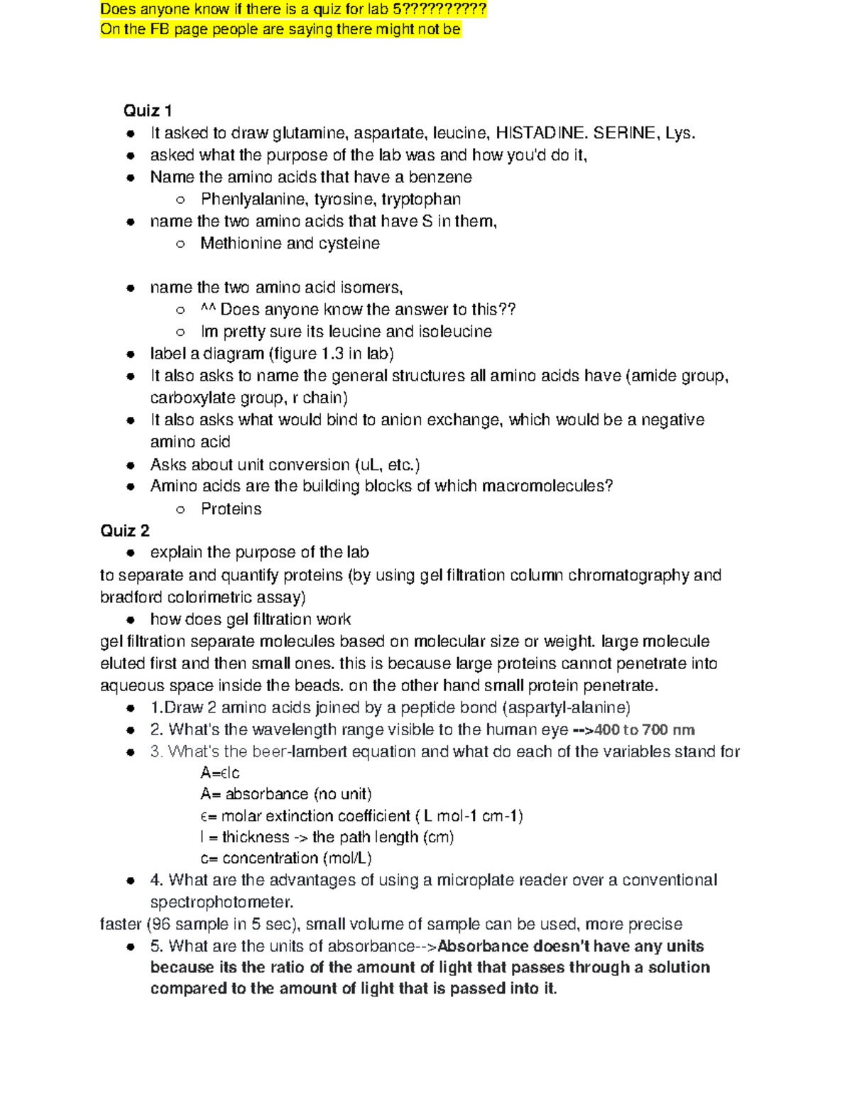Biochem lab quizzes 1 On the FB page people are saying there might