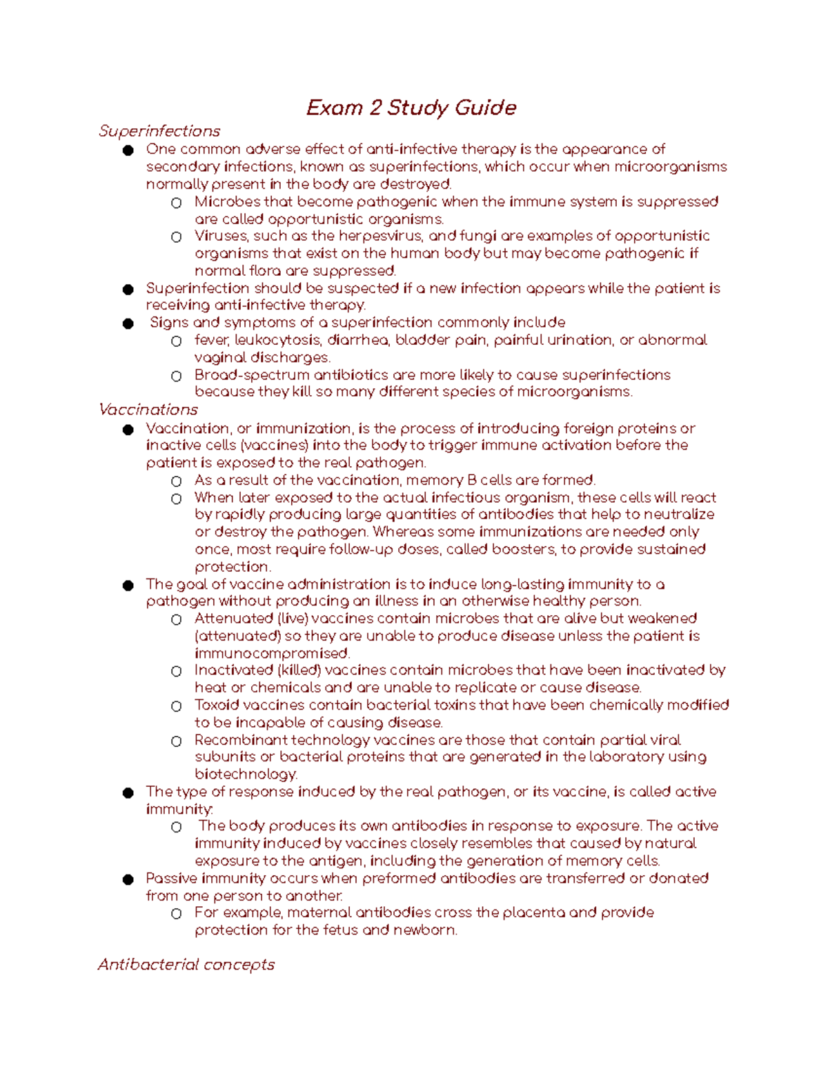 Pharmacology Exam II Study Guide - Exam 2 Study Guide Superinfections ...