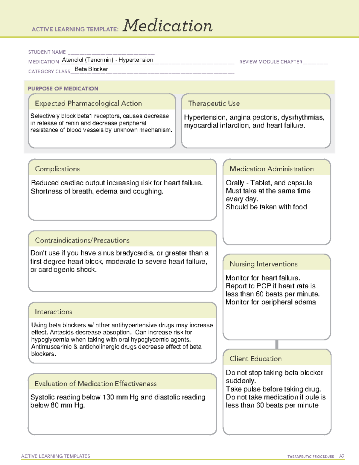 ATI Atenolol (Tenormin) Beta Blocker Med Sheet ACTIVE LEARNING