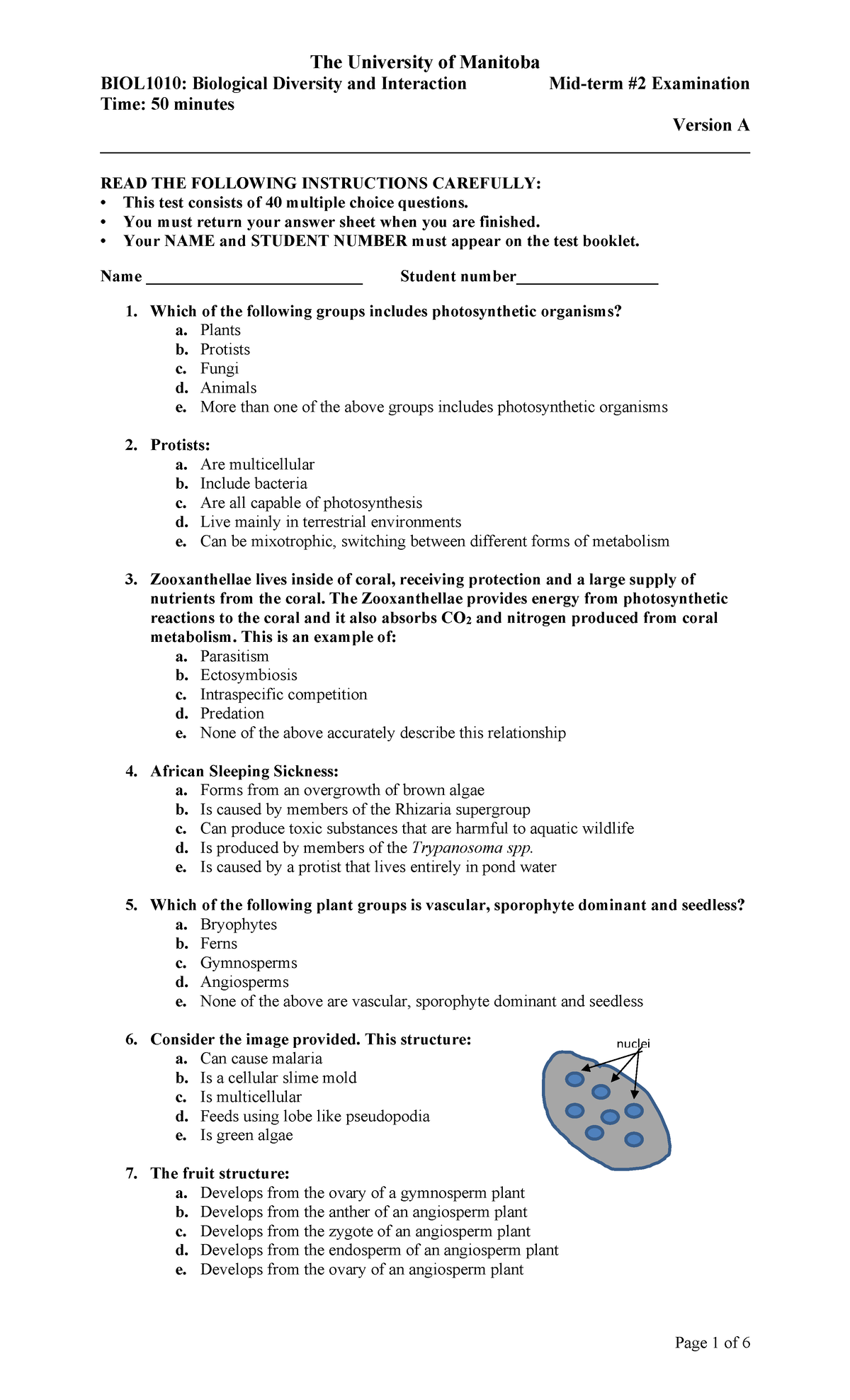 Exam 14 December, answers - The University of Manitoba BIOL1010 ...