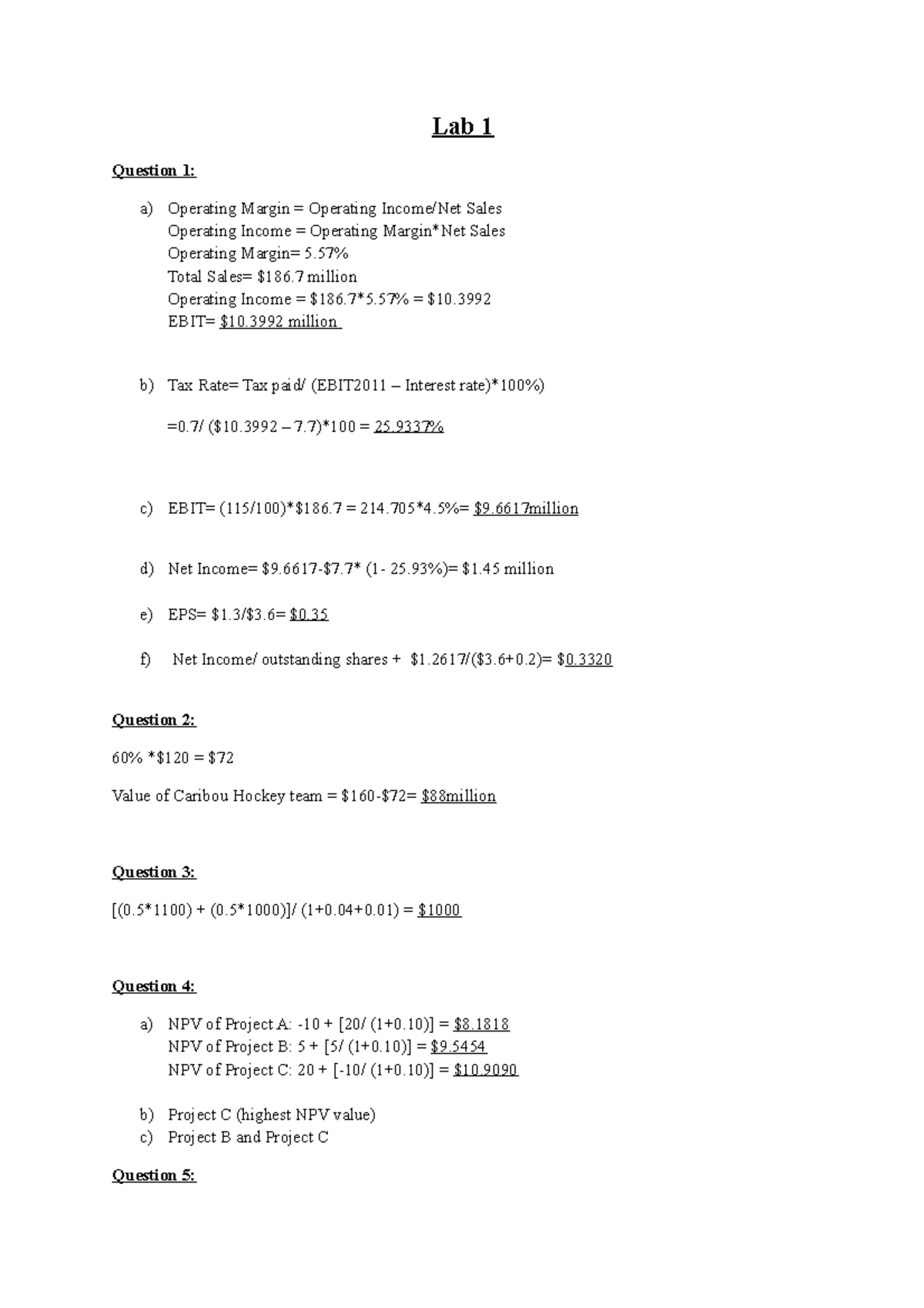 First Lab Lab 1 Group Work and solutions Lab 1 Question 1 a