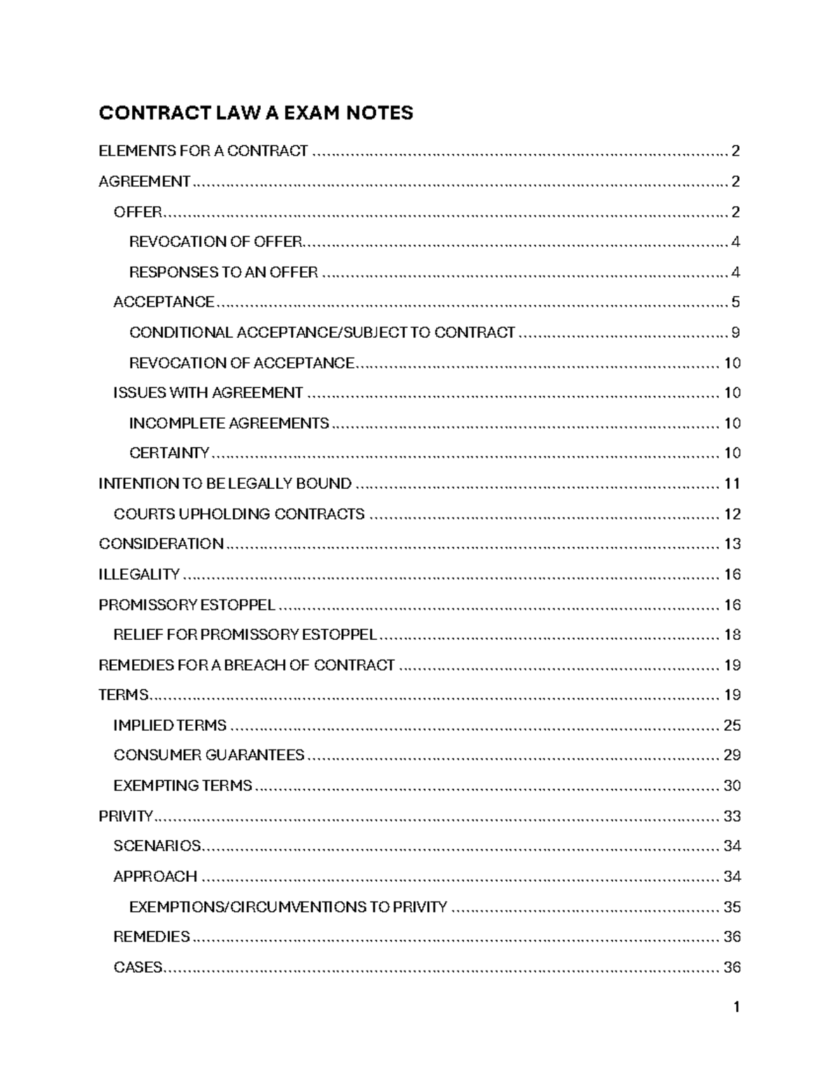 Contract Law A Exam Notes - CONTRACT LAW A EXAM NOTES ELEMENTS FOR A ...