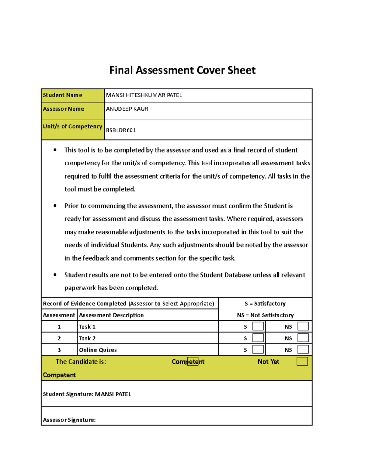 Bsbldr 601 TASK 2 - Notes - Final Assessment Cover Sheet Student Name ...