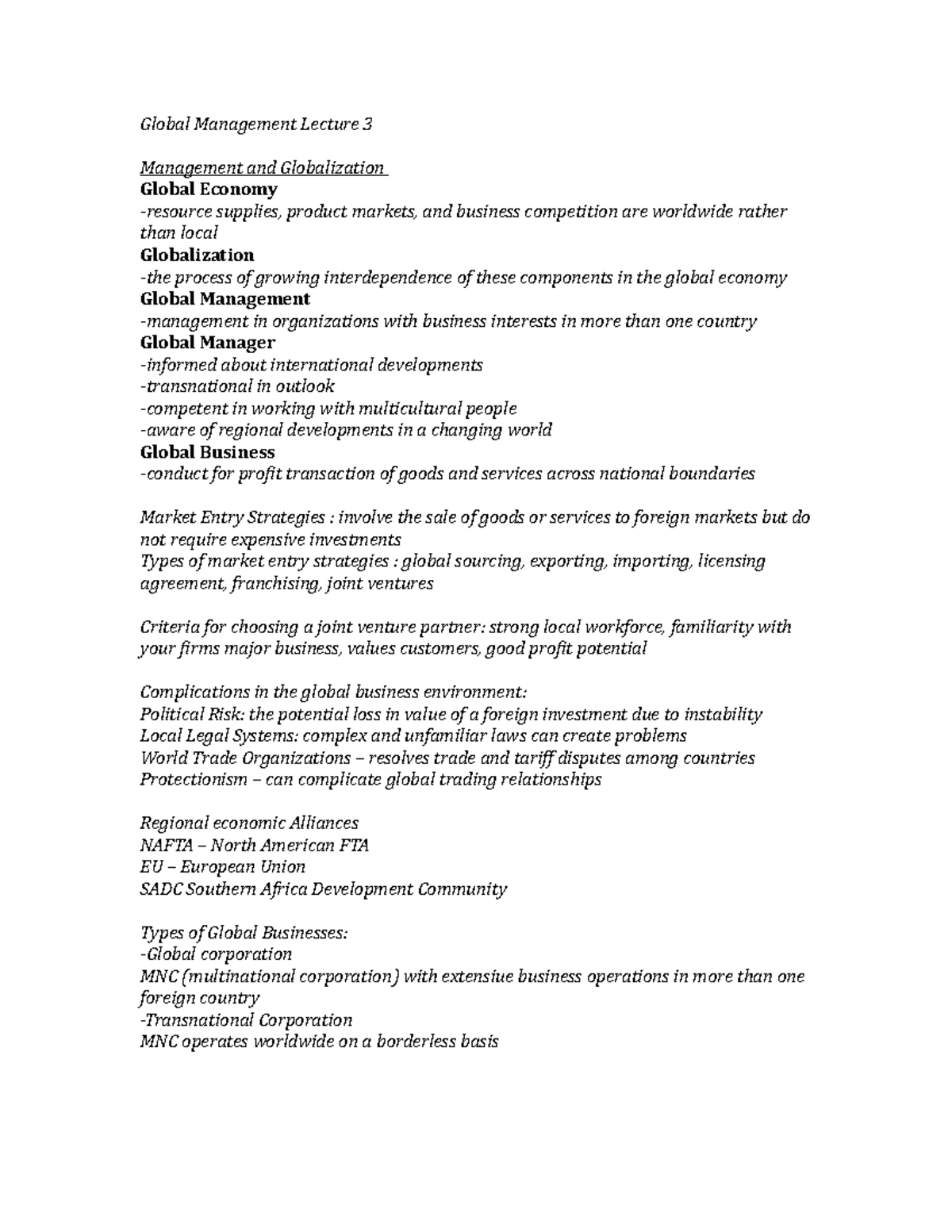 Global Management Lecture 3 notes - Global Management Lecture 3 ...