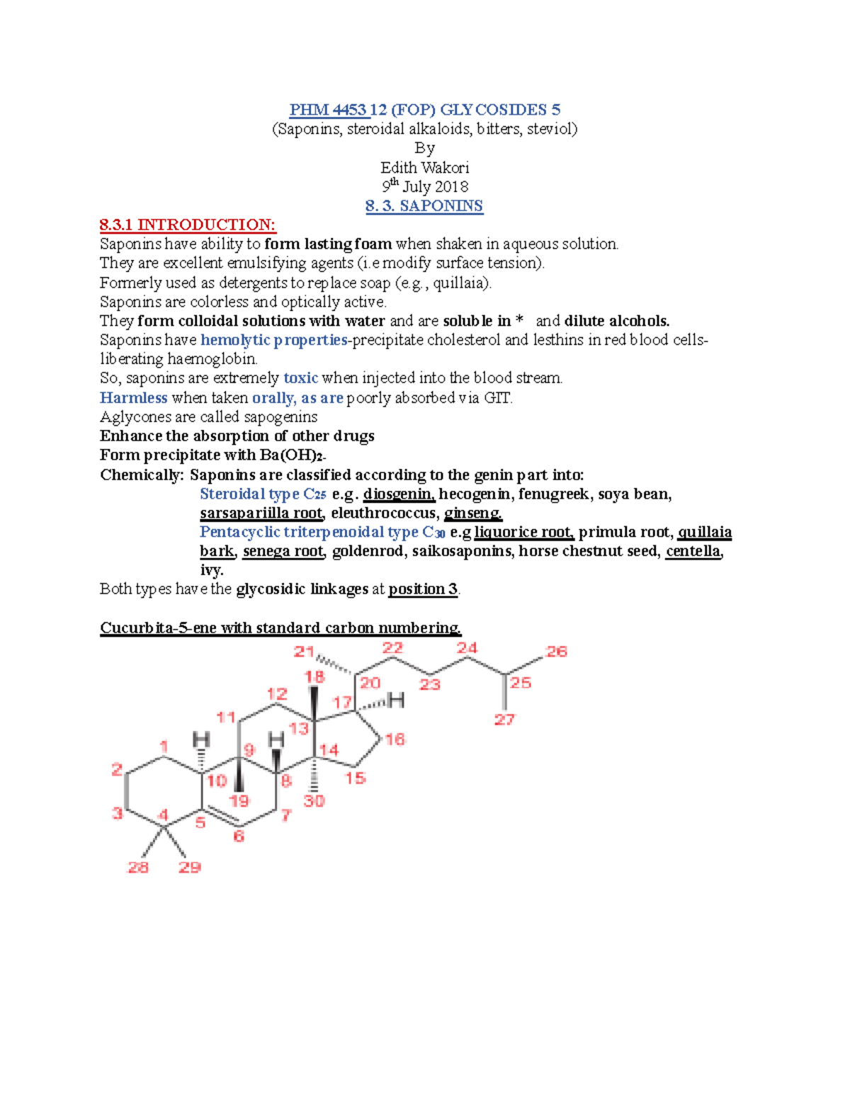 Glycosides Part 5 - PHM 4453 12 (FOP) GLYCOSIDES 5 (Saponins, steroidal ...