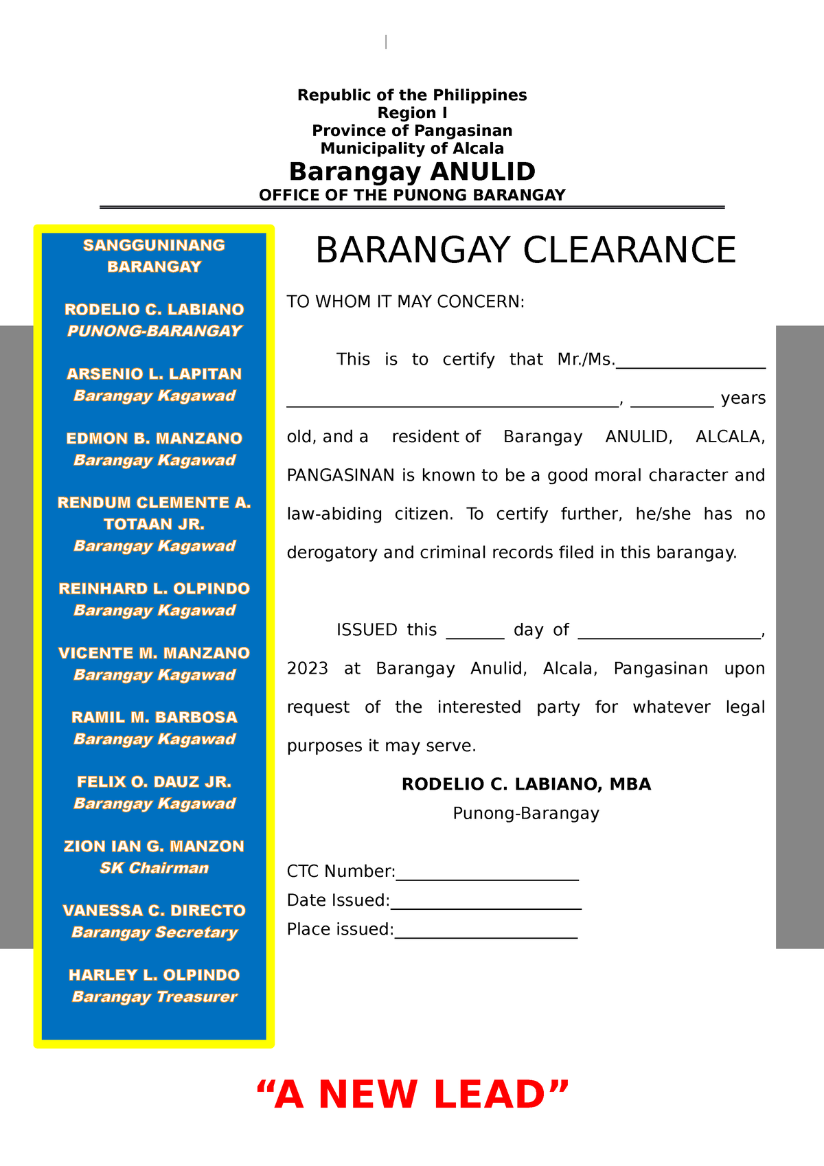 Certificate Of Residency Republic Of The Philippines Region I Province Of Pangasinan 0758