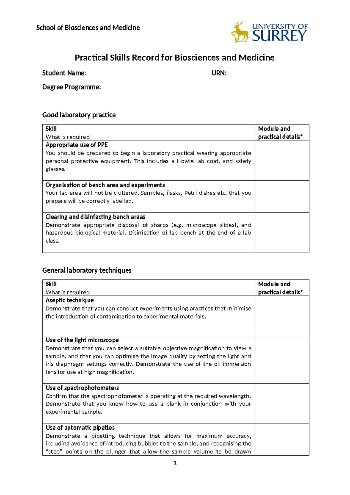 Practical Skills Record form 2022-23 - School of Biosciences and ...