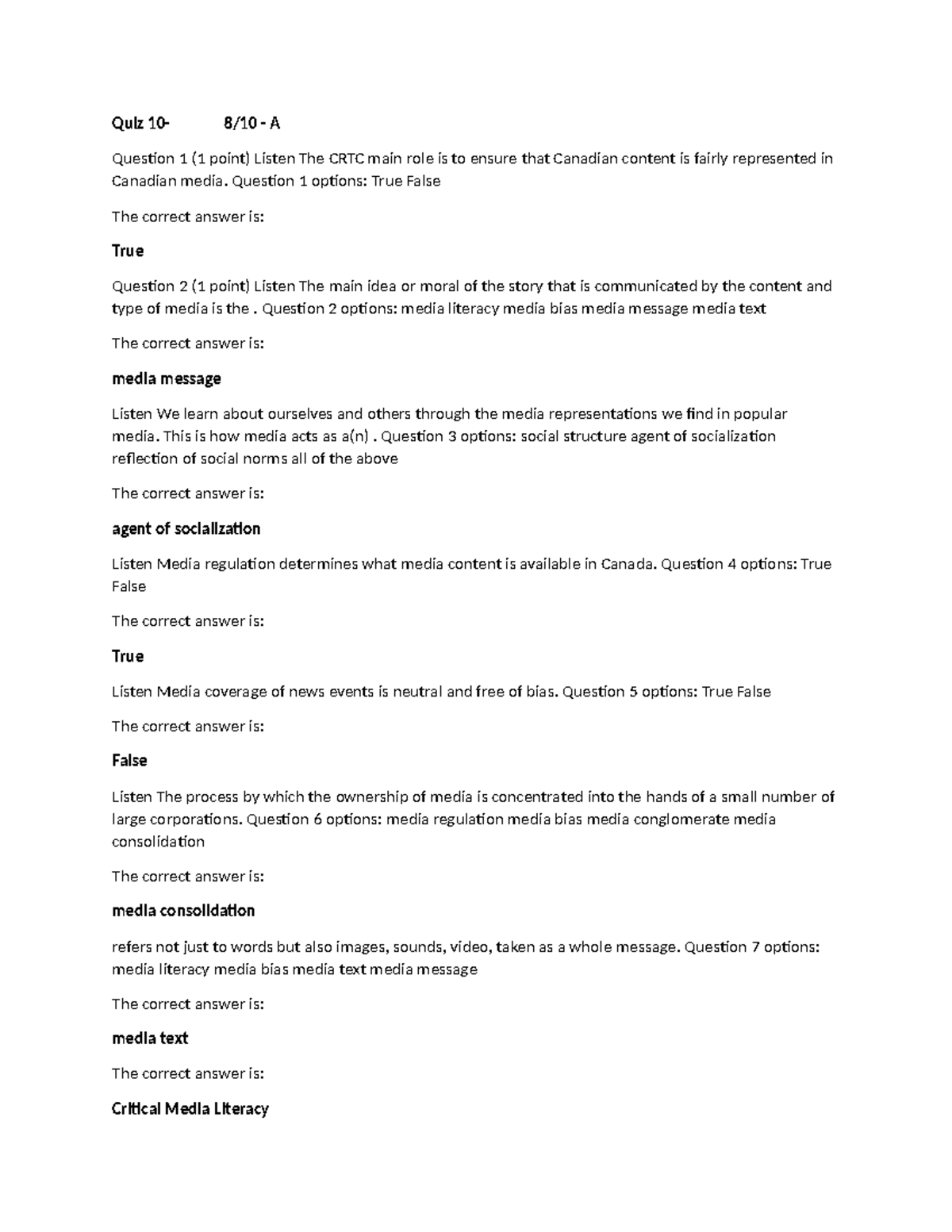 Quiz 10 - Quiz 10 - Quiz 10- 8/10 - A Question 1 (1 point) Listen The ...