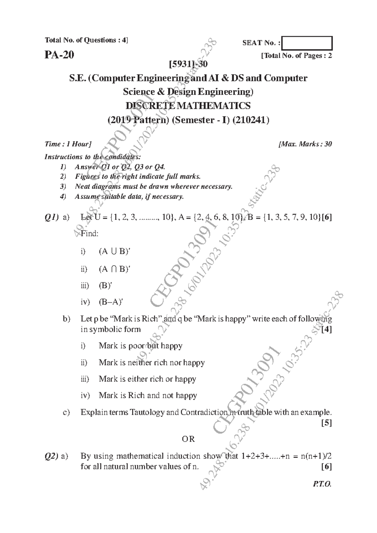 Oct - 2022 - dm last year pyq paper in sppu pune unvierstiy - Total No ...