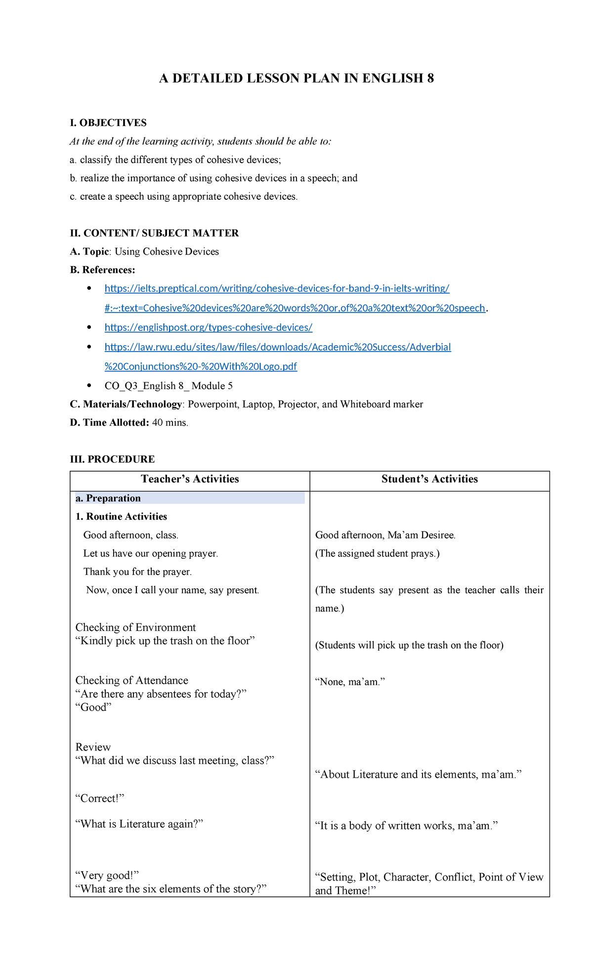 L5-Cohesive-Devices - Detailed lesson plan in Cohesive Devices English ...