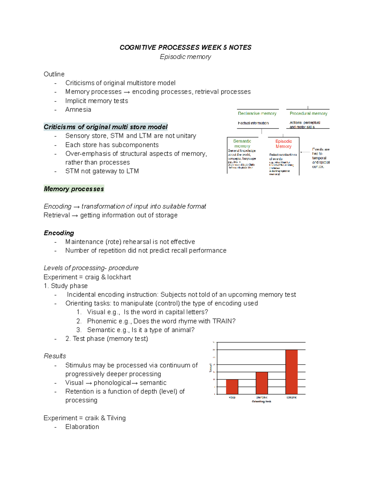COGS WK 5 summary - COGNITIVE PROCESSES WEEK 5 NOTES Episodic memory ...