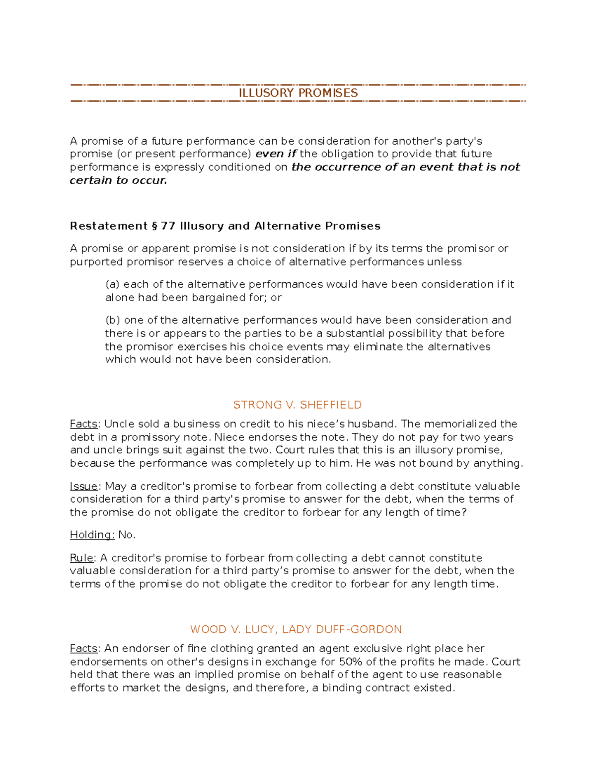 Contracts outline pt 2 ILLUSORY PROMISES A promise of a future