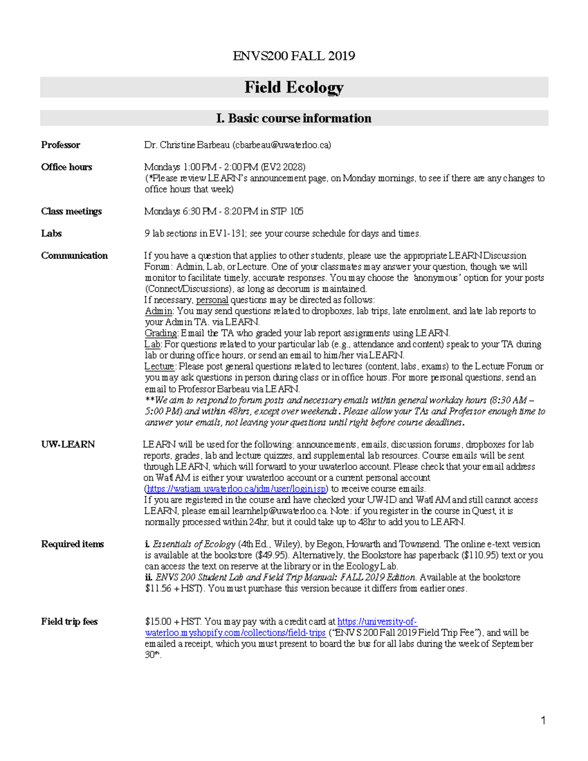 ENVS 200 Syllabus F2019 Final - ENVS200 FALL 2019 Field Ecology I ...