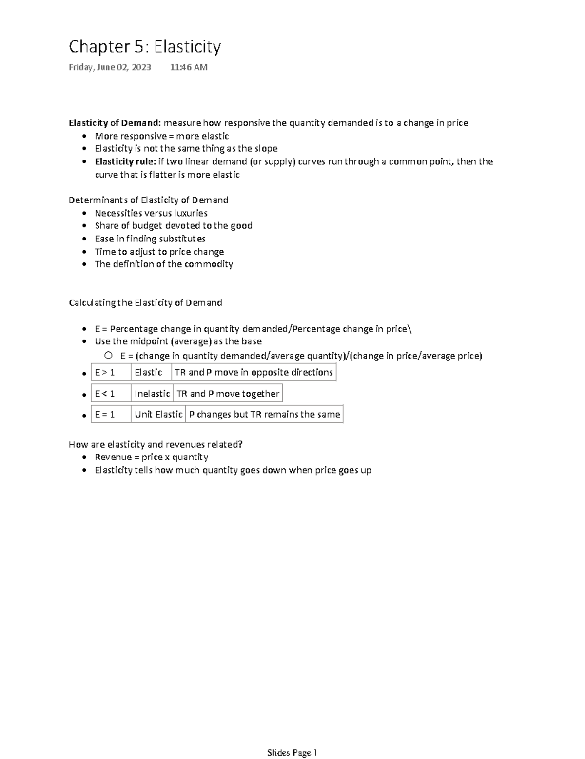 Chapter 5 Elasticity - Online summer course notes taken from Professor ...
