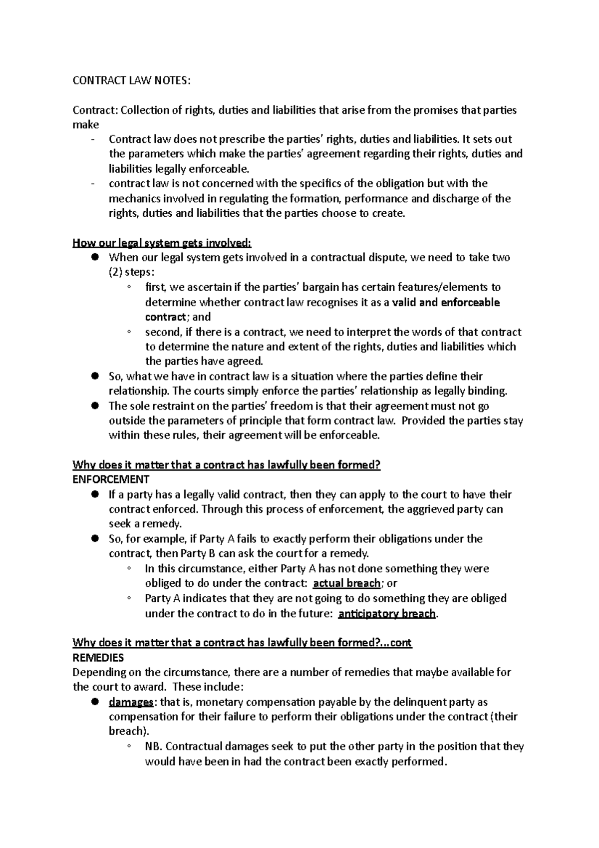 Contract LAW A Notes - CONTRACT LAW NOTES: Contract: Collection of ...